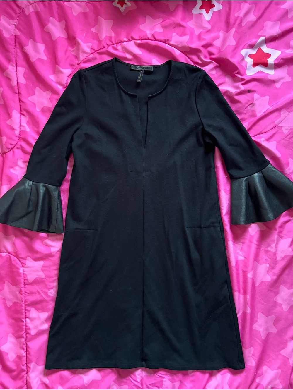 BCBGMaxAzria Black Shift Dress with Faux-Leather Flared Cuffs